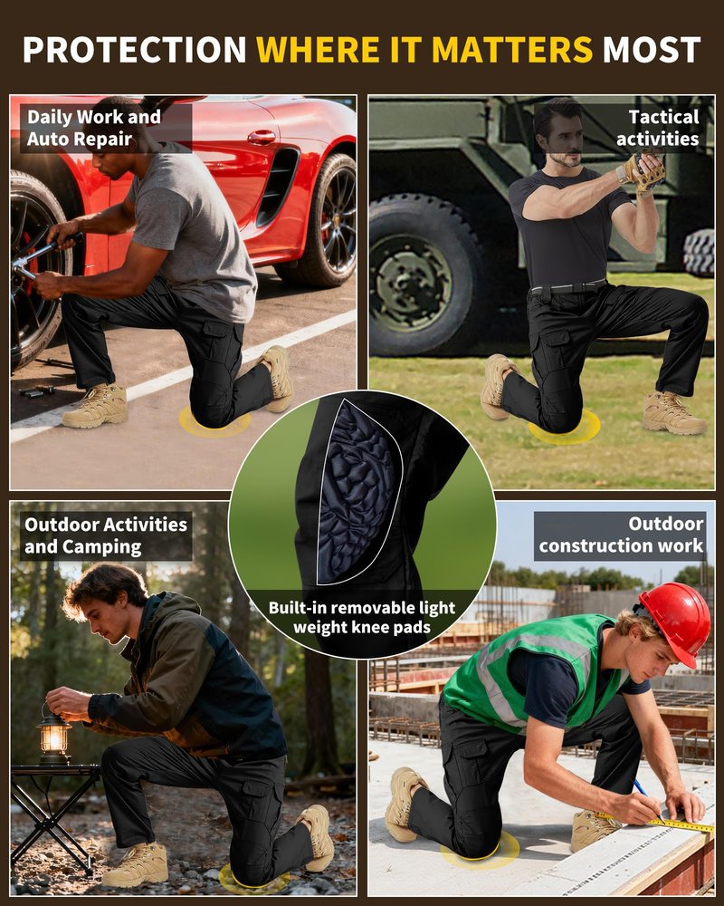 PandaVoy Men's Stretch Tactical Work Pants with Removable Knee Pads, Water-Resistant Ripstop Cargo Pants for Outdoor & Hiking Lightweight Slim Fit Black 32,30