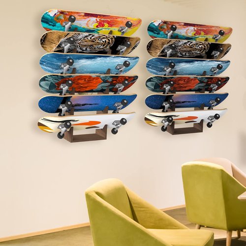 Gtouse Skateboard Rack Wall Mount 6-Tier Wooden Skateboard Storage Rack Holder Skateboard Stand Display Organizer Skateboard Hanger for Longboard, Deck, Standard Skateboards
