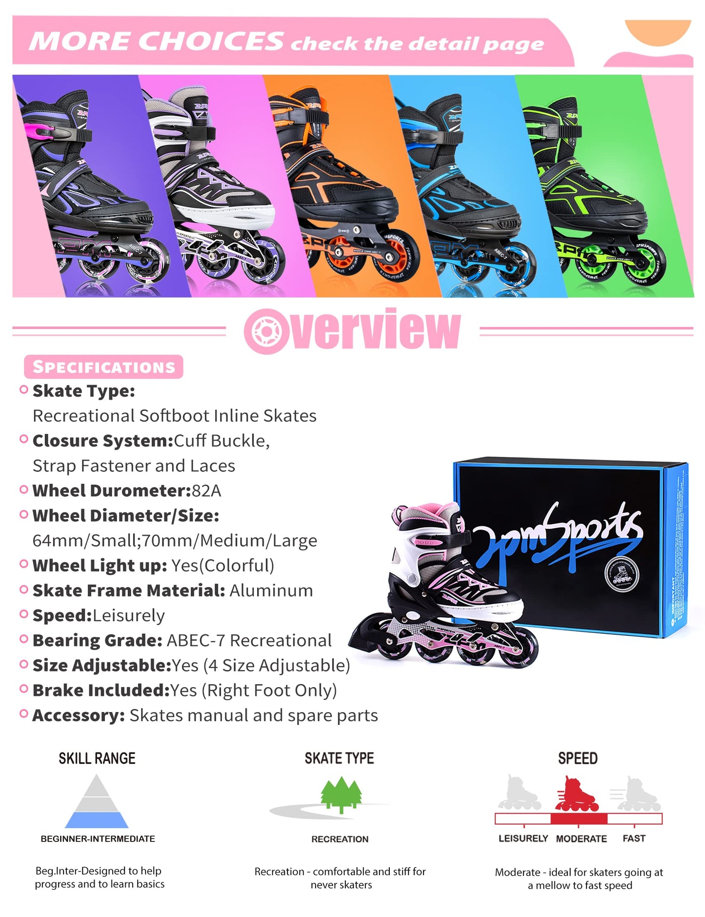 2PM SPORTS Cytia Pink Girls Adjustable Illuminating Inline Skates with Light up Wheels, Fun Flashing Beginner Roller Skates for Kids (Pink, Medium - Big Kid (13C-3 US))