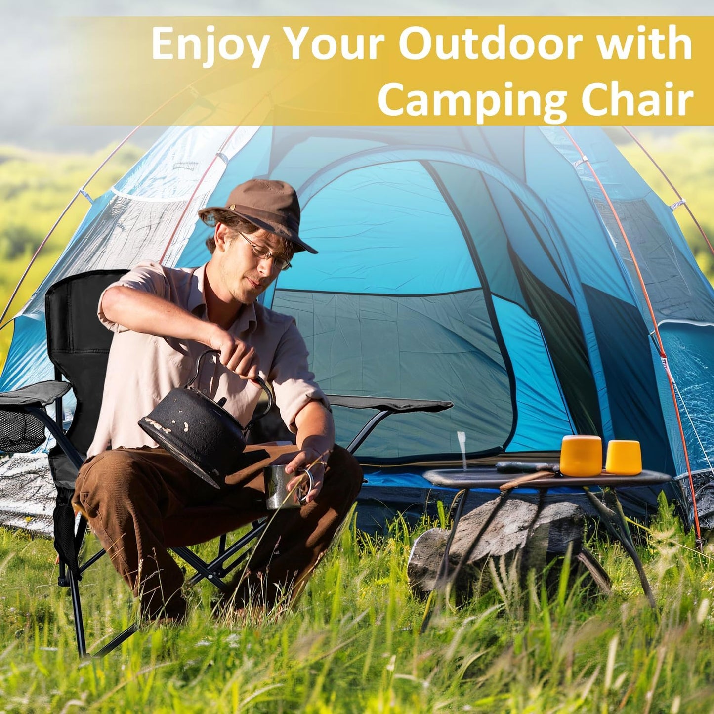 Skiennix Folding Camping Chair - Portable High Back Outdoor Chair with Cup Holder & Storage Bag - Supports 300lbs - Black
