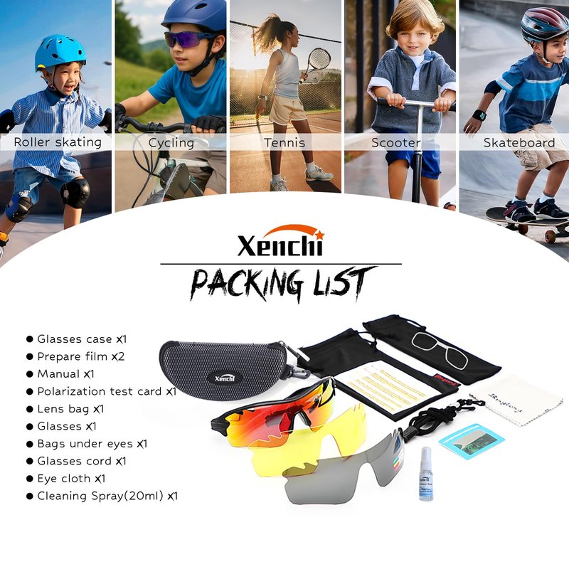 Xenchi Kids Cycling Glasses, UV Protection, Polarized Lenses, Adjustable Nose Pads, 3 Interchangeable Lenses, Lightweight Sports Glasses for Boys & Girls, Outdoor Cycling, Running & More (White Blue)