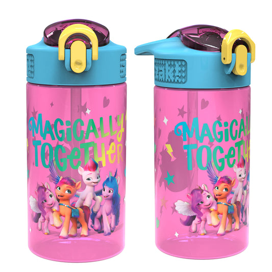 Zak Designs Kids Durable Plastic Spout Cover and Built-in Carrying Loop, Leak-Proof Water Design for Travel, (16oz, 2pc Set), My Little Pony 2pk