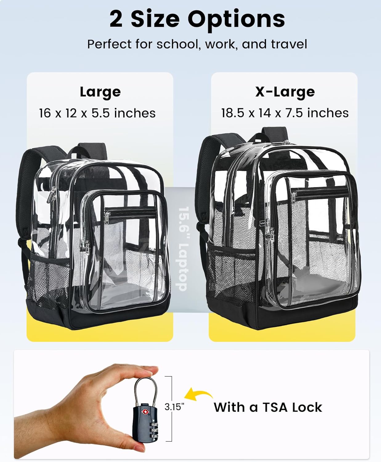 Vorspack Clear Backpack - Heavy Duty Extra Large Transparent Bookbag with TSA Lock | Black