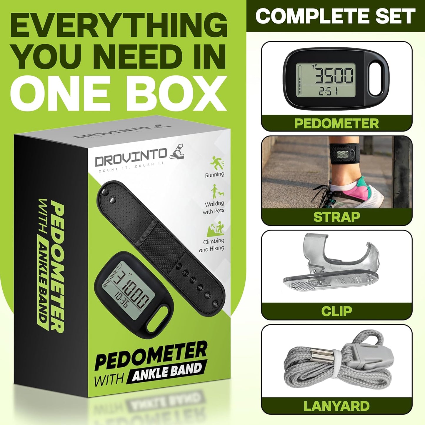 Skiennix Ankle Pedometer Step Counter - Clip-On Activity Tracker for Walking Steps & Miles - Includes Ankle Band & Lanyard