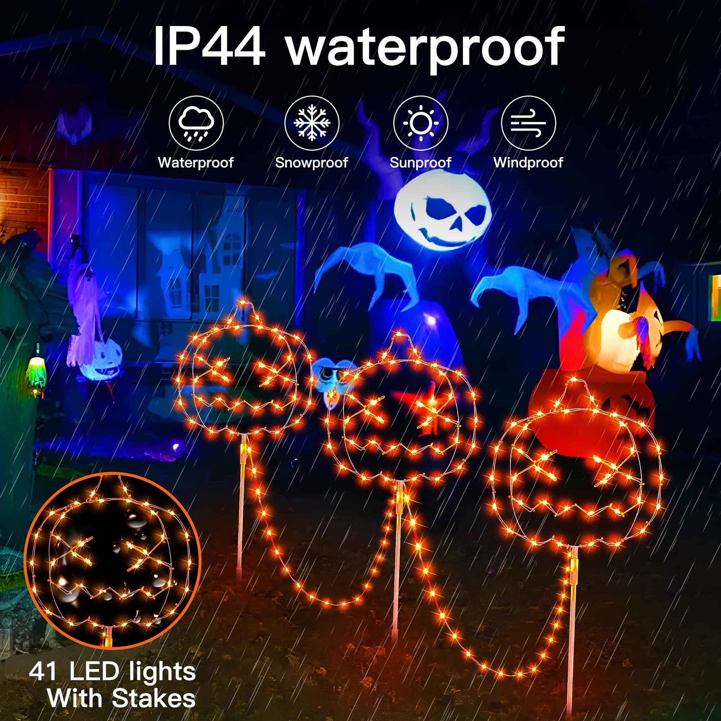 Woohaha Halloween Pumpkin Pathway Lights,163 LED Plug in Garden Outdoor Decorations，Waterproof String Lights with 3 Pumpkin Stakes Light for Garden Walkway Yard Driveway Lawn Party Decor（Orange）