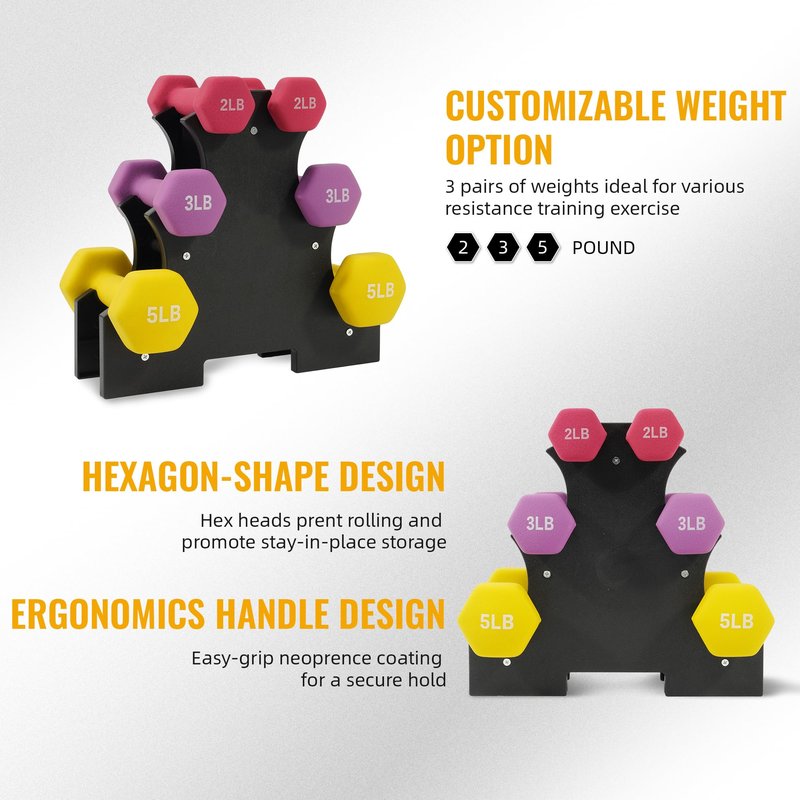 Fitvids Colored Neoprene Dumbbell Set with Rack, 20LB Set: 2/3/5LB Pairs, Color Series