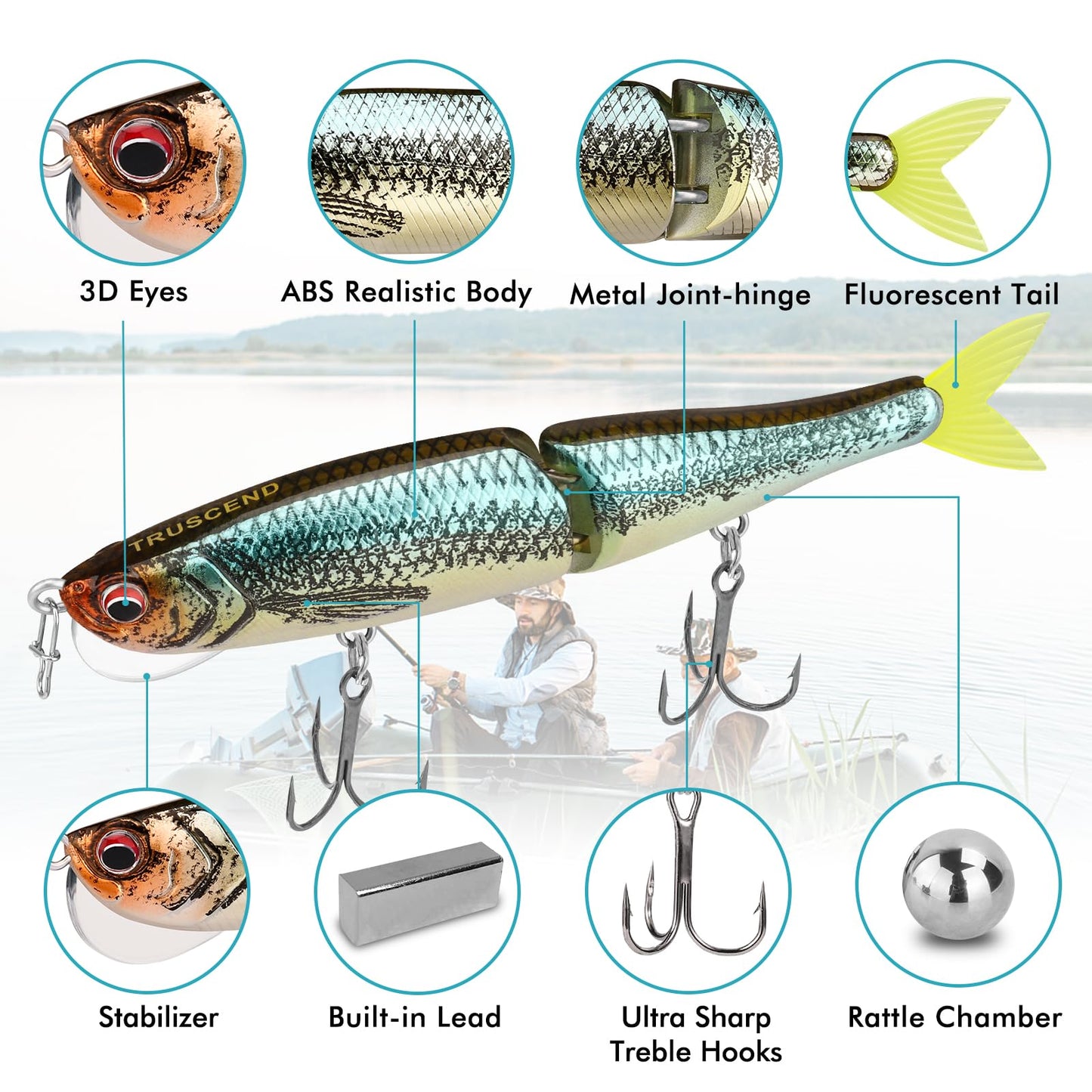 TRUSCEND Fishing Lures for Bass, Glide Baits with Vertical Tongue Design, Segmented Swimbaits Fishing Lures for Saltwater Freshwater, Slow Sinking Plugs Lures for Bass Walleye Trout Pike Musky