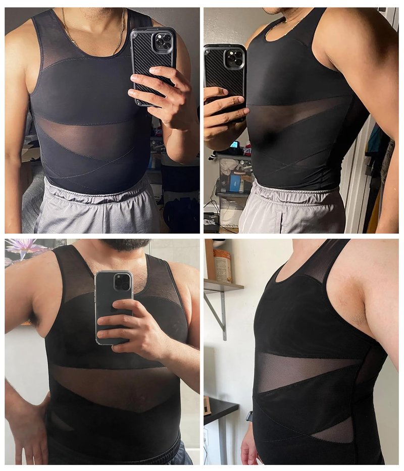 Nebility Mens Compression Shirt for Gynecomastia - Sleeveless Slimming Undershirts Body Shaper Vest Mesh Shapewear Workout Tank Tops Black