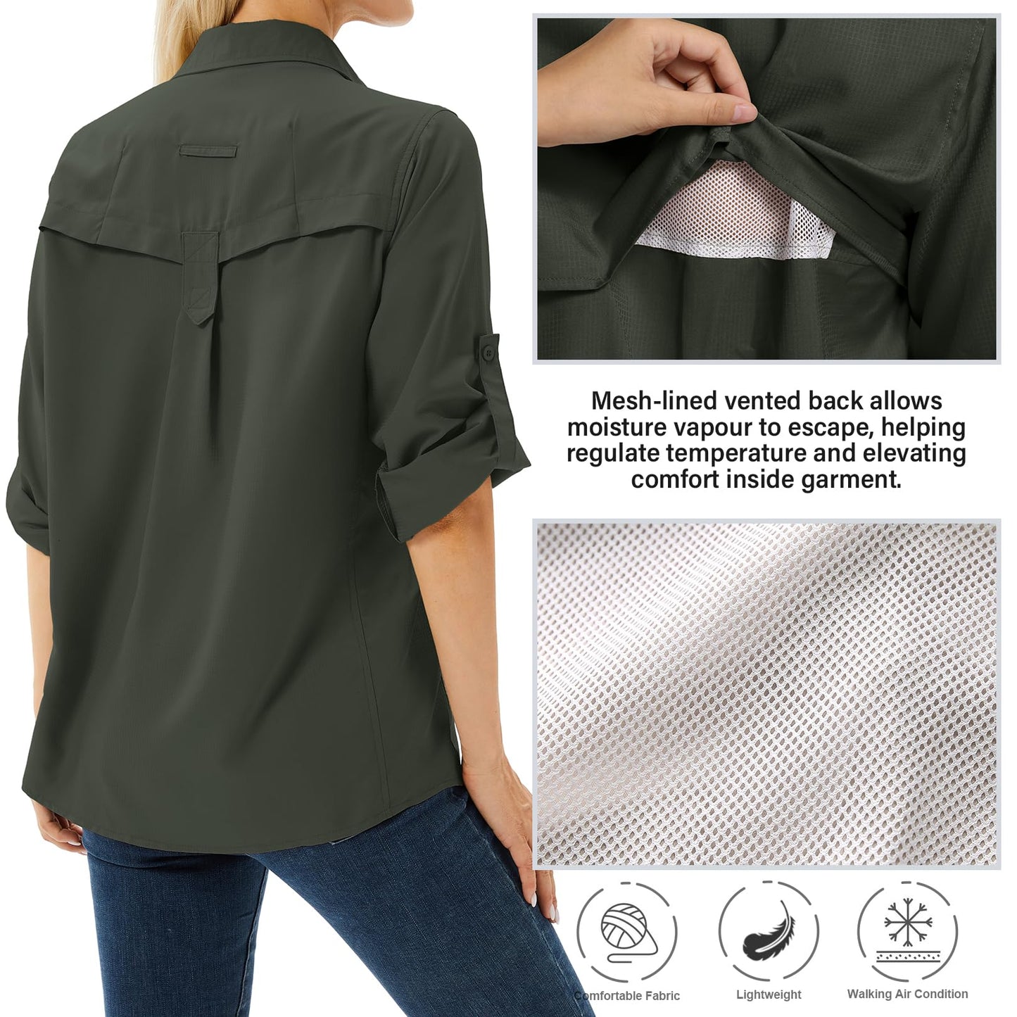 Toumett Women's UPF 50 Long Sleeve UV Sun Protection Safari Shirts Outdoor Quick Dry Fishing Hiking Travel Shirts(Amy Green,L,5071)