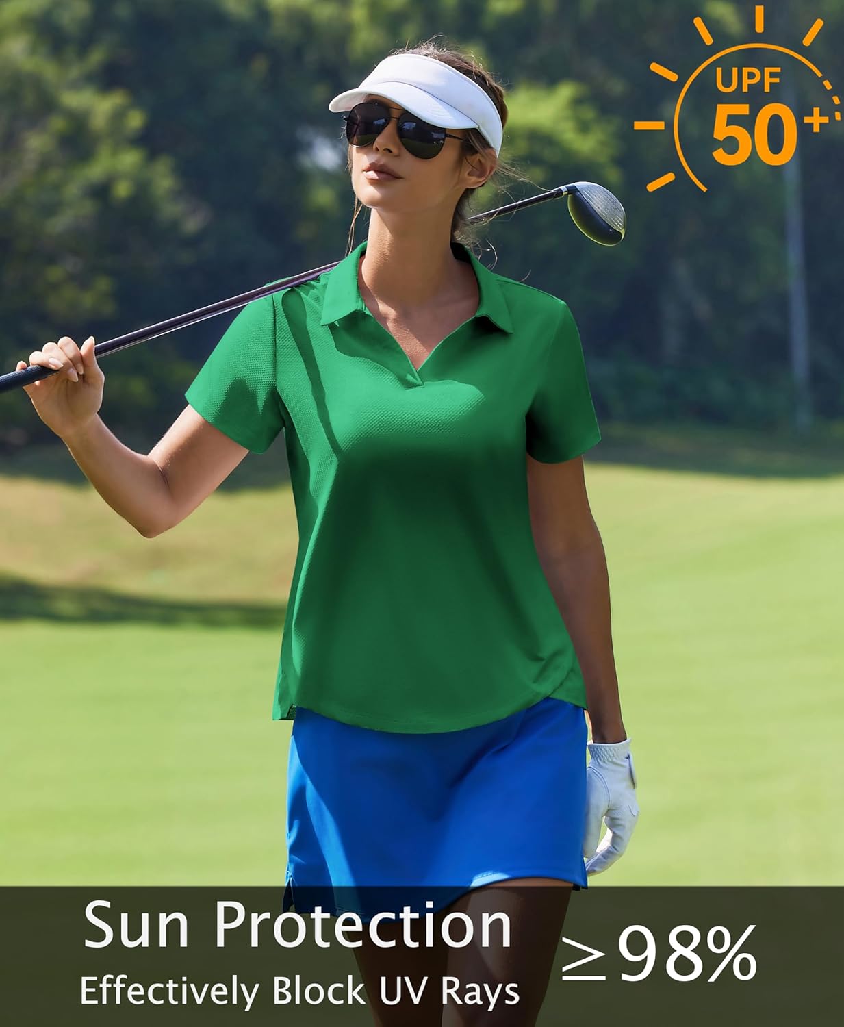 PINSPARK Women's Golf Shirt - Short Sleeve V-Neck Polo with UPF 50+ Protection | Activewear Tennis Top