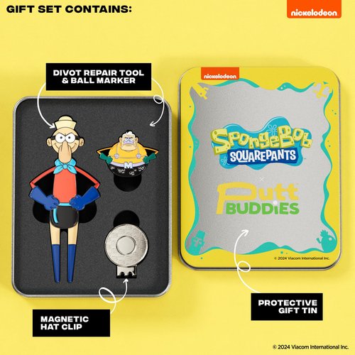 PuttBuddies Officially Licensed Spongebob Mermaid Man & Barnacle Boy Divot Tool and Ball Marker Gift Set with Magnetic Hat Clip and Collectible Protective Tin, Golf Accessories for Fans and Golfers