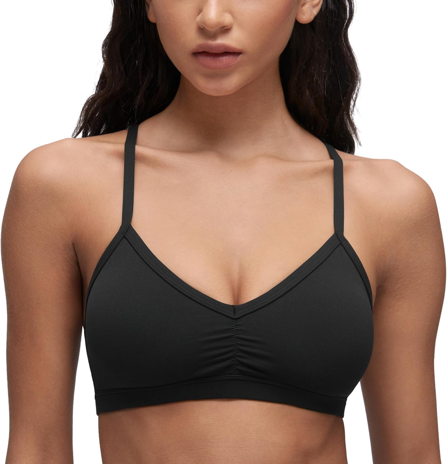 CRZ YOGA Butterluxe Sports Bra for Women - V Neck Ruched Wireless Padded Yoga Crop Top