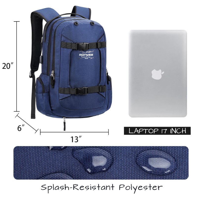 Ronyes Skateboard Backpack, Skateboard Bag,17.3 Inch Laptop Backpack with USB Charging Port, Basketball Longboard Backpack for Sports Travel Blue