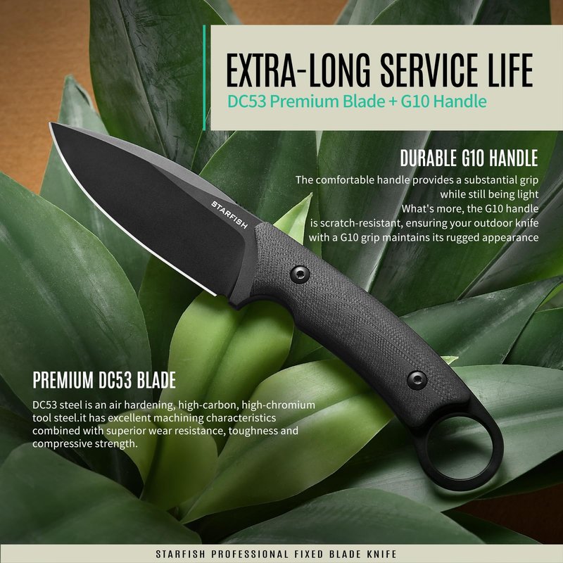 STARFISH 3.5” Full Tang Fixed Blade Knife, DC53 Steel Titanium Coating Blade G10 Handle Bowie Knives with Sheath for Camping, Hiking, Survival