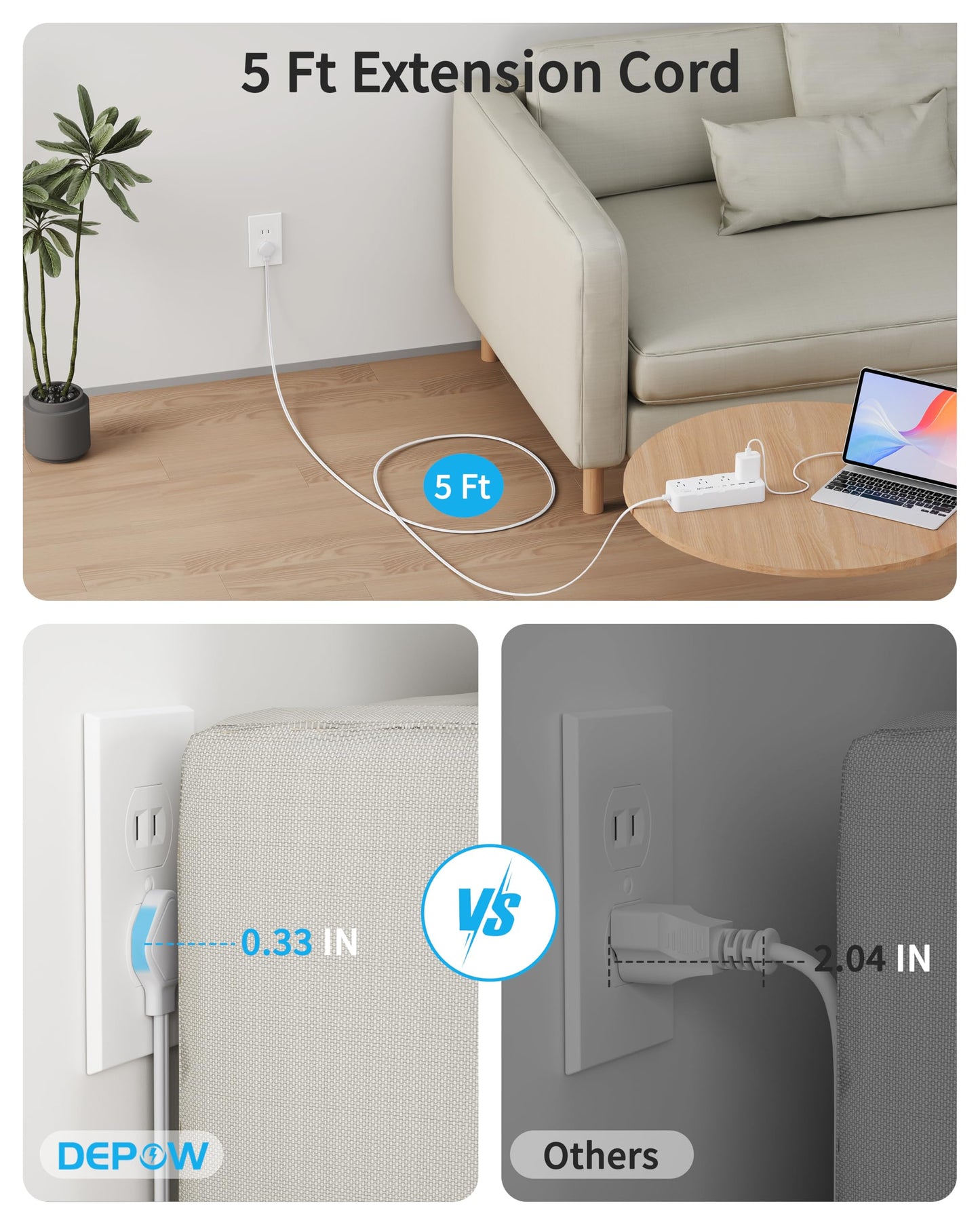 DEPOW 2 Prong Power Strip, 2 to 3 Prong Outlet Adapter with 8 AC & 4 USB Ports (2 USB C), 5FT Extension Cord, 1700J Two Prong Surge Protector, Wall Mountable, Ideal for Old House Non-Grounded Outlets