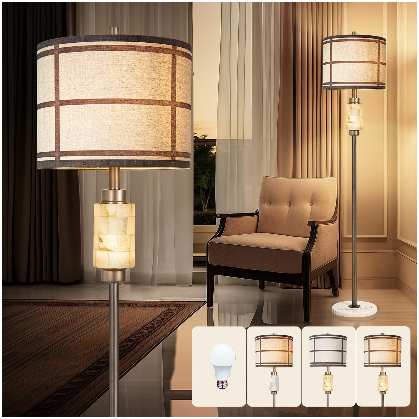 KIVDITZO Natural Alabaster Floor Lamp, Lamps for Bedroom, Tall Lamp with Night Light, Marble Base, Linen Shade,Living Room Lamp, Standing Lamp for Living Room Bedroom Office - Brown (Bulb Included)