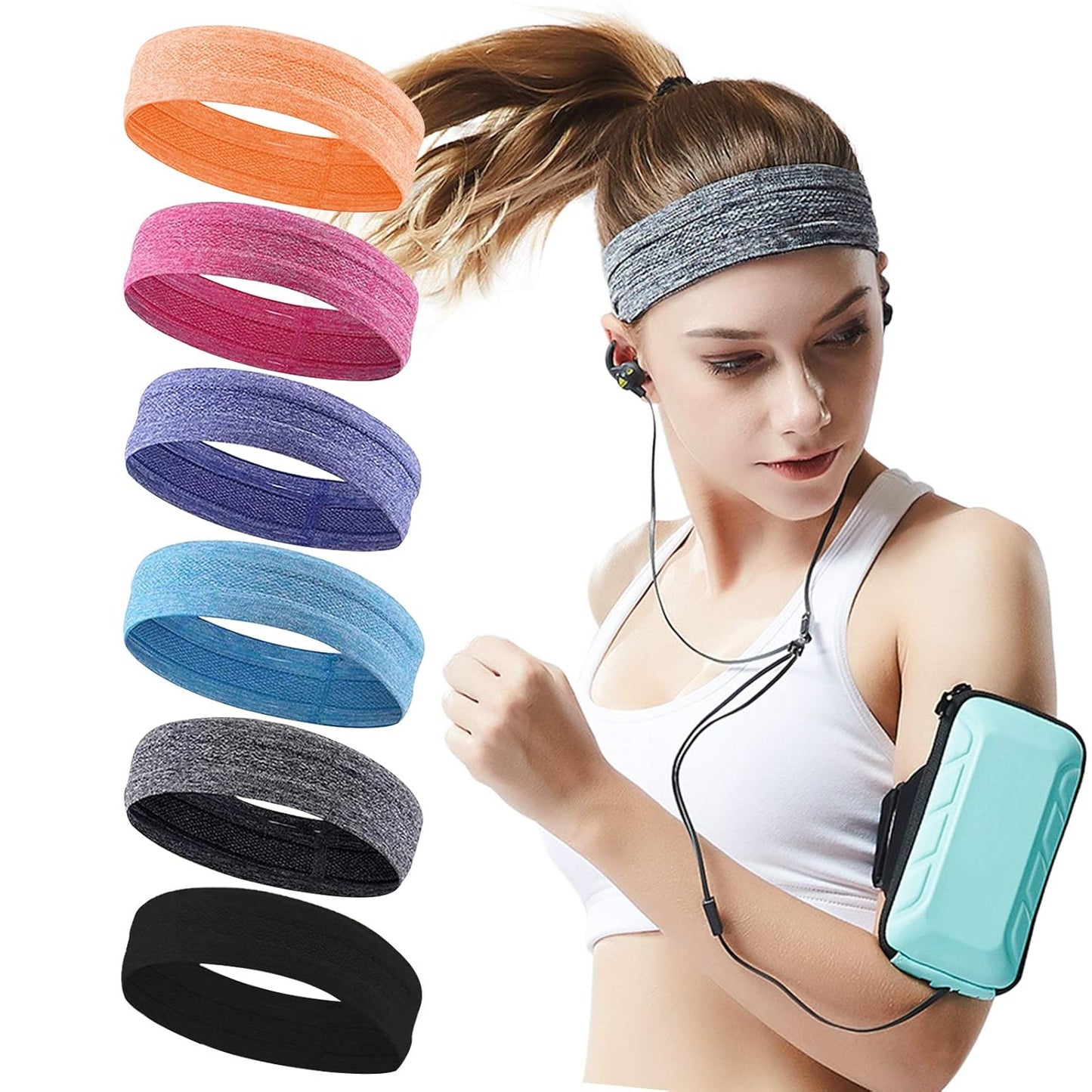 QiShang Sweat Bands - 6-Pack Non-Slip Headbands for Women | Moisture-Wicking for Sports & Yoga