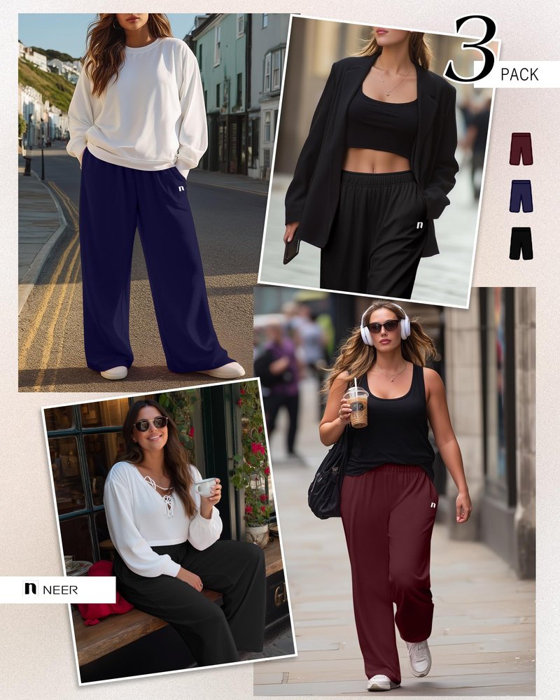 Neer 3 Packs Women's Plus Size Wide Leg Sweatpants High Waist Elastic Waistband Lounge Pants with Pockets(Black, Navy Blue, Wine Red,XX-Large)
