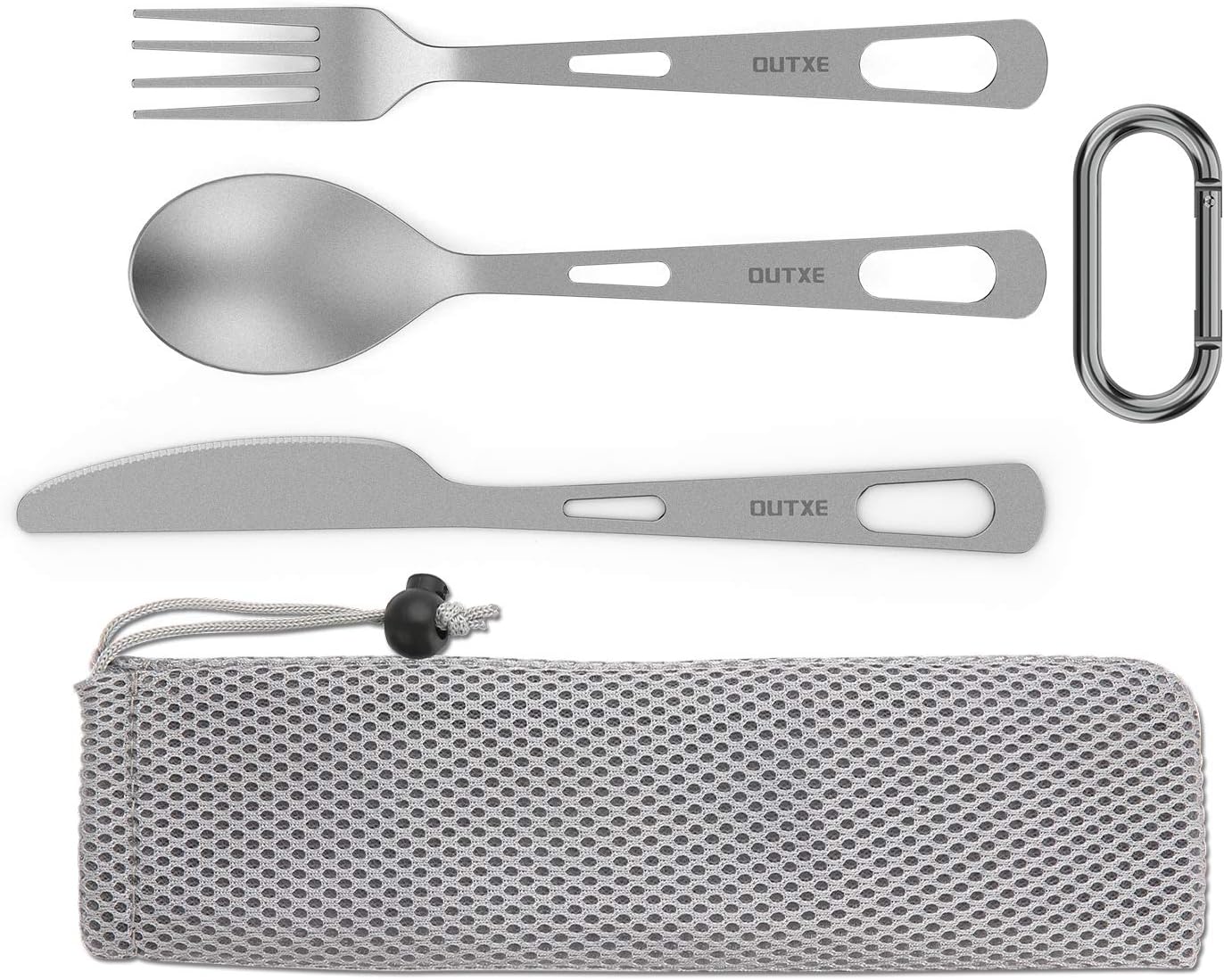 OUTXE Titanium Flatware Set - Lightweight Camping Cutlery with Carrying Bag for Travel & Picnics