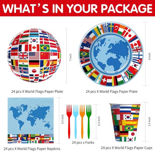 APOWBLS International World Flags Tableware Set - Olympic Party Supplies for 24 Guests | Plates, Cups, Napkins, Cutlery, Tablecloth