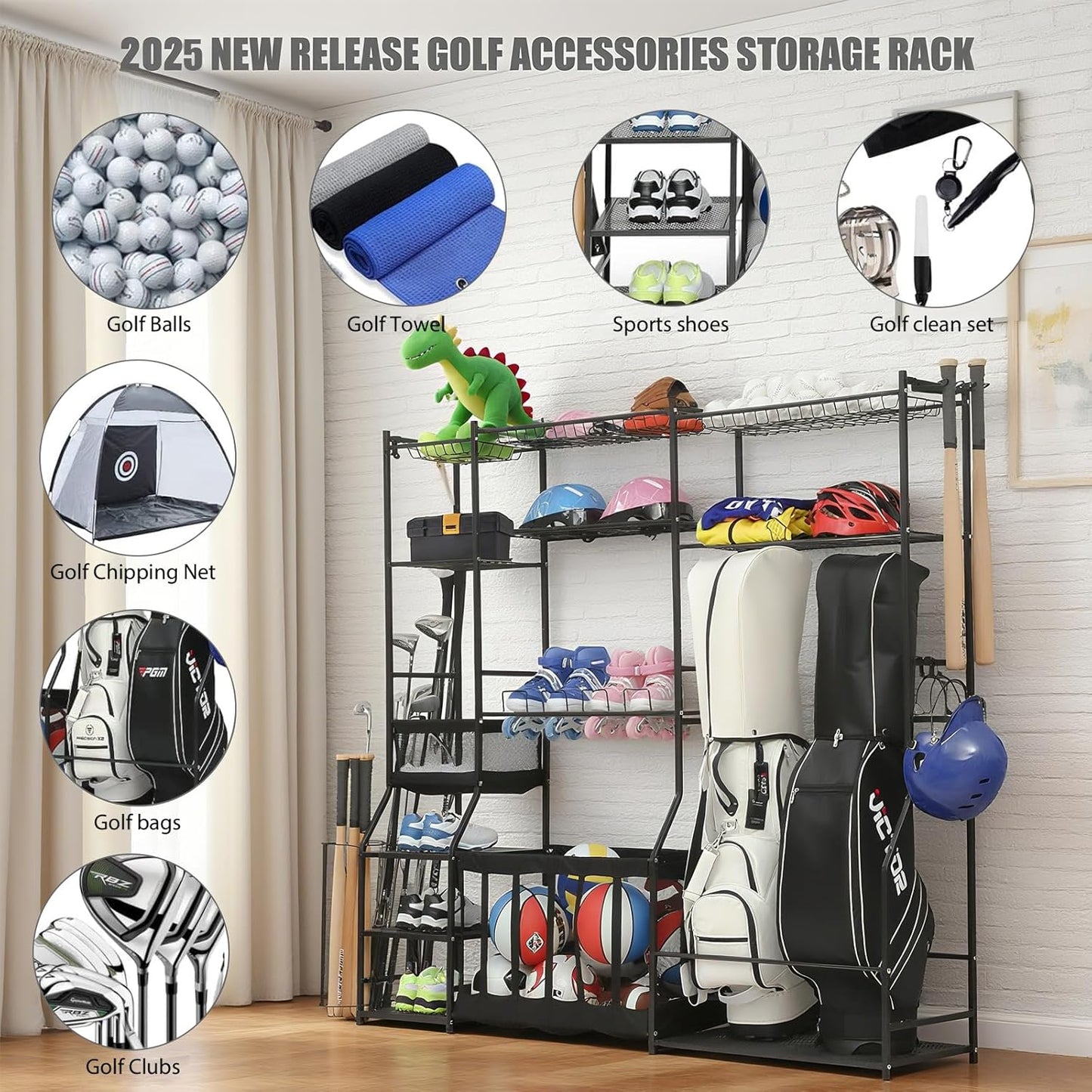Skiennix Large Garage Sports Equipment Organizer - Upgraded Rack for Golf Bags & Balls | Indoor/Outdoor Storage Solution