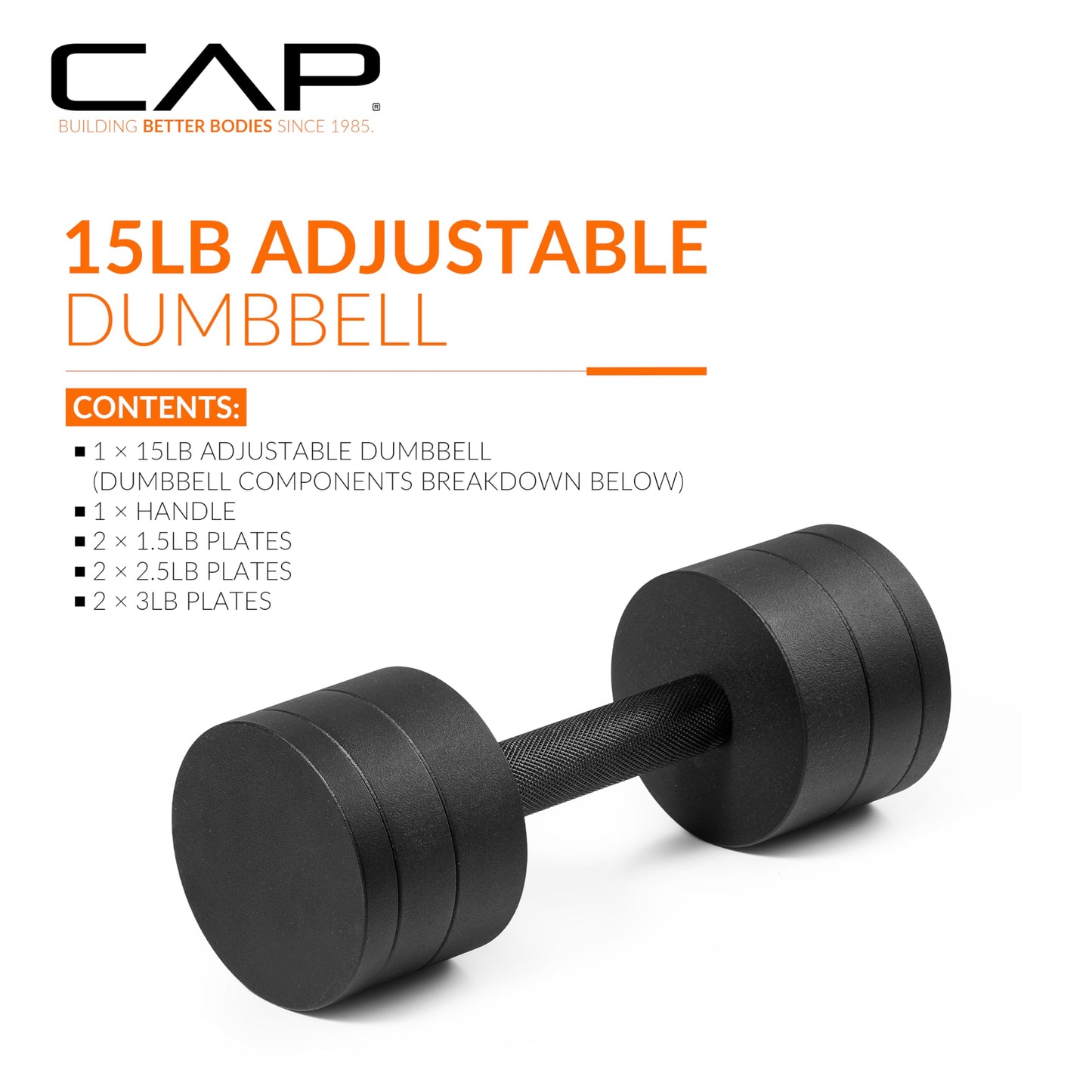 CAP Barbell 15 lb Adjustable Dumbbell – Compact Cast Iron Weight with Black Handle - Single