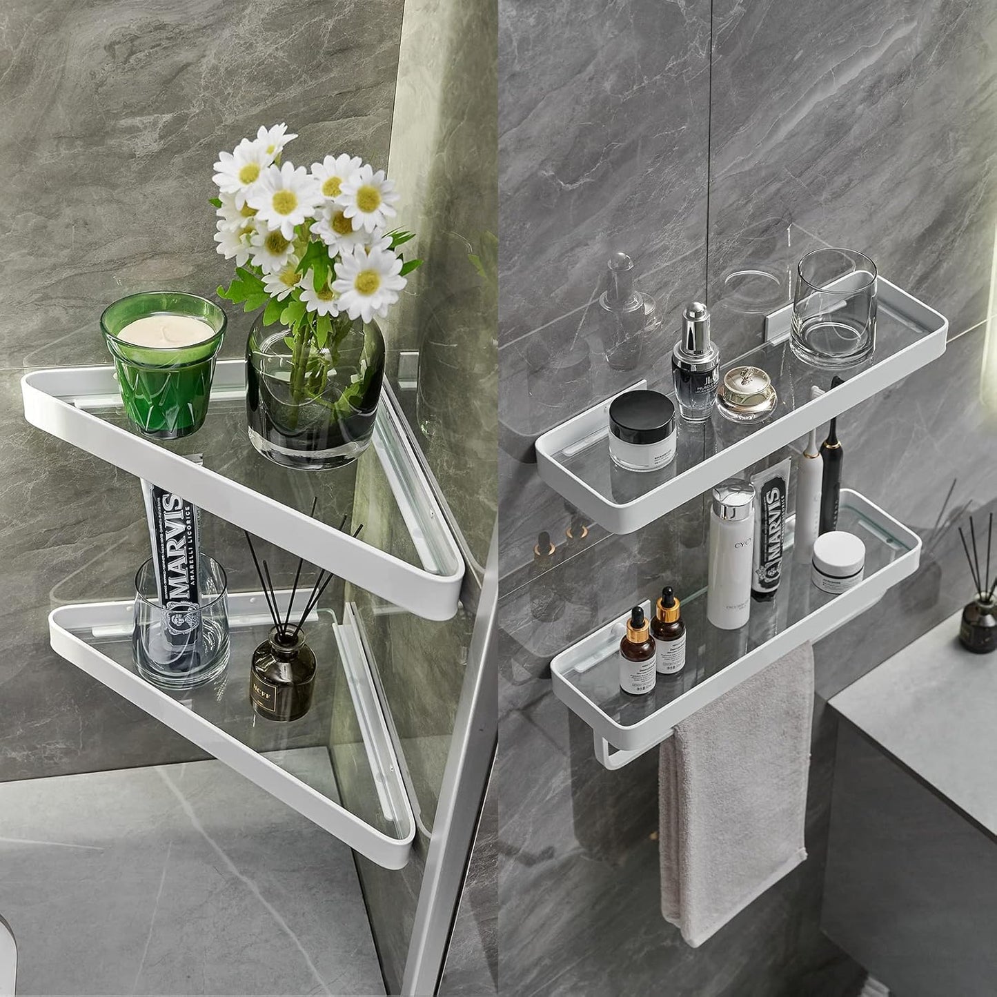 Wall Mounted Glass Bathroom Shelves - 2-Tier Floating Organizer in Black