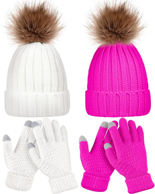 4 Pcs Winter Beanie Hat Gloves Set Pom Knit Unisex Warm Fleece Lined Hat Touchscreen Gloves for Women Men Couples Friends(White and Pink)