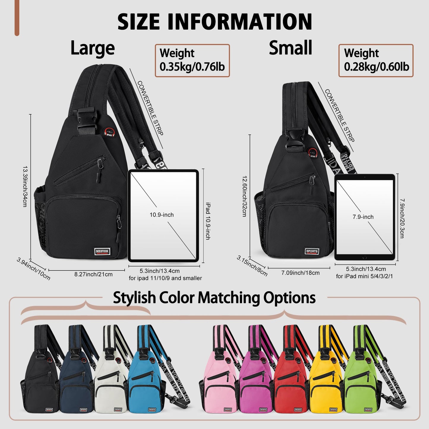 Geestock Convertible Sling Bag for Women Men, Lightweight Crossbody Backpack Daypack Chest Bag Fit 7.9" Tablet for Travel, Sport, Hiking & Commute, Black, 7.09in×3.15in×12.60in