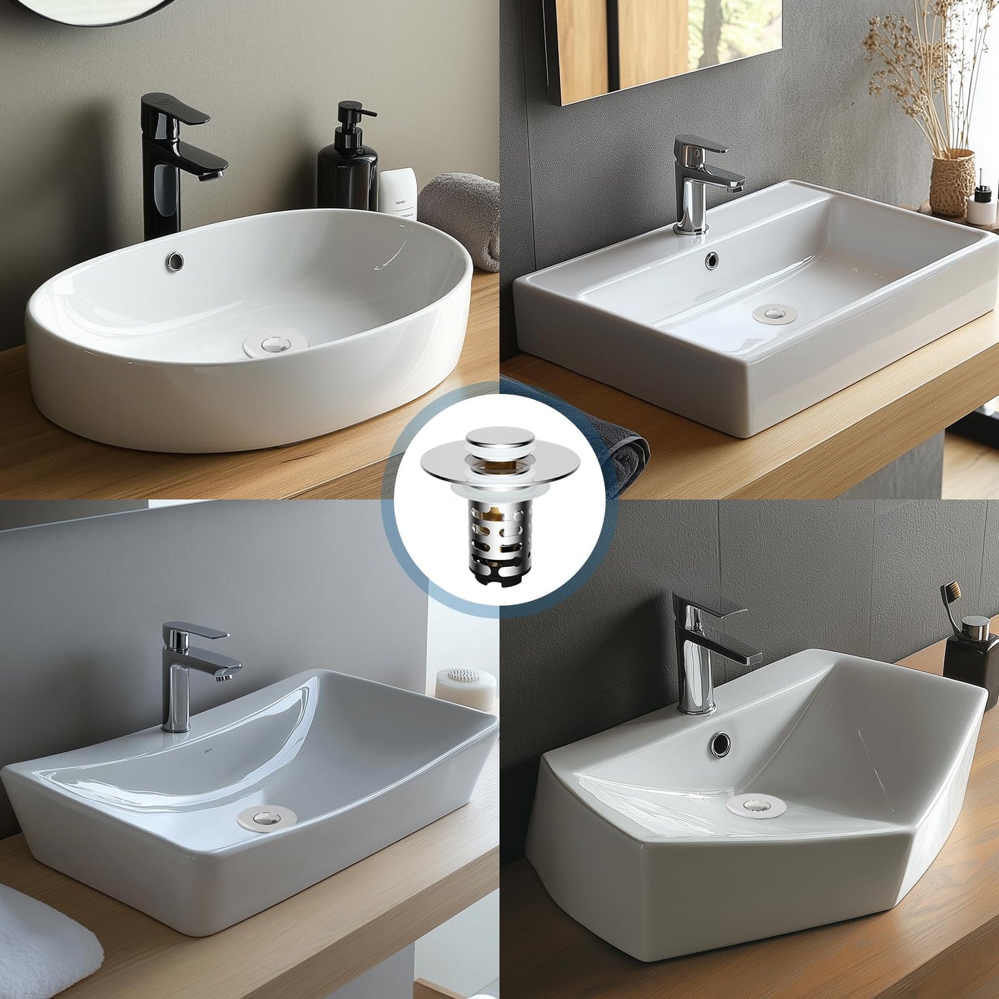 iFealClear Upgraded 4-in-1 Bathroom Sink Drain Stopper Hair Catcher, Universal Pop Up Strainer with 2-Layer Removable Stainless Steel Filter Basket, Anti-clog Sink Plug for 1.1"-2.36" US Basin, Chrome