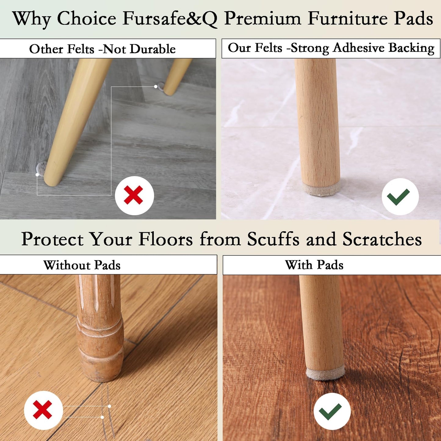 Fursafe&Q Felt Furniture Pads for Hardwood Floors, Self Adhesive Chair Felt Pad - Furniture Feet Floor Protectors, Furniture Sliders Protect from Nicks, dents and Scratches, Reduce Noise, Round