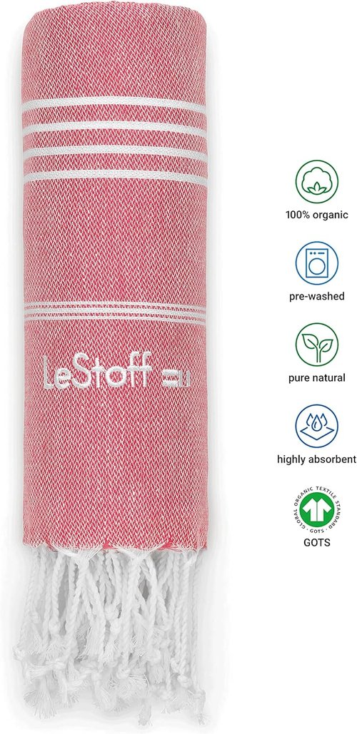 LeStoff Turkish Beach Towel - 100% Organic Cotton, Soft & Highly Absorbent | 38"x71" Eco-Friendly Red Fouta Peshtemal