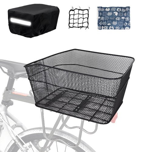 MATTISAM Bike Basket Rear, [Tool-Free Install], Bicycle Pet Basket for Back Cargo Rack, with Waterproof Cover, Cargo Net