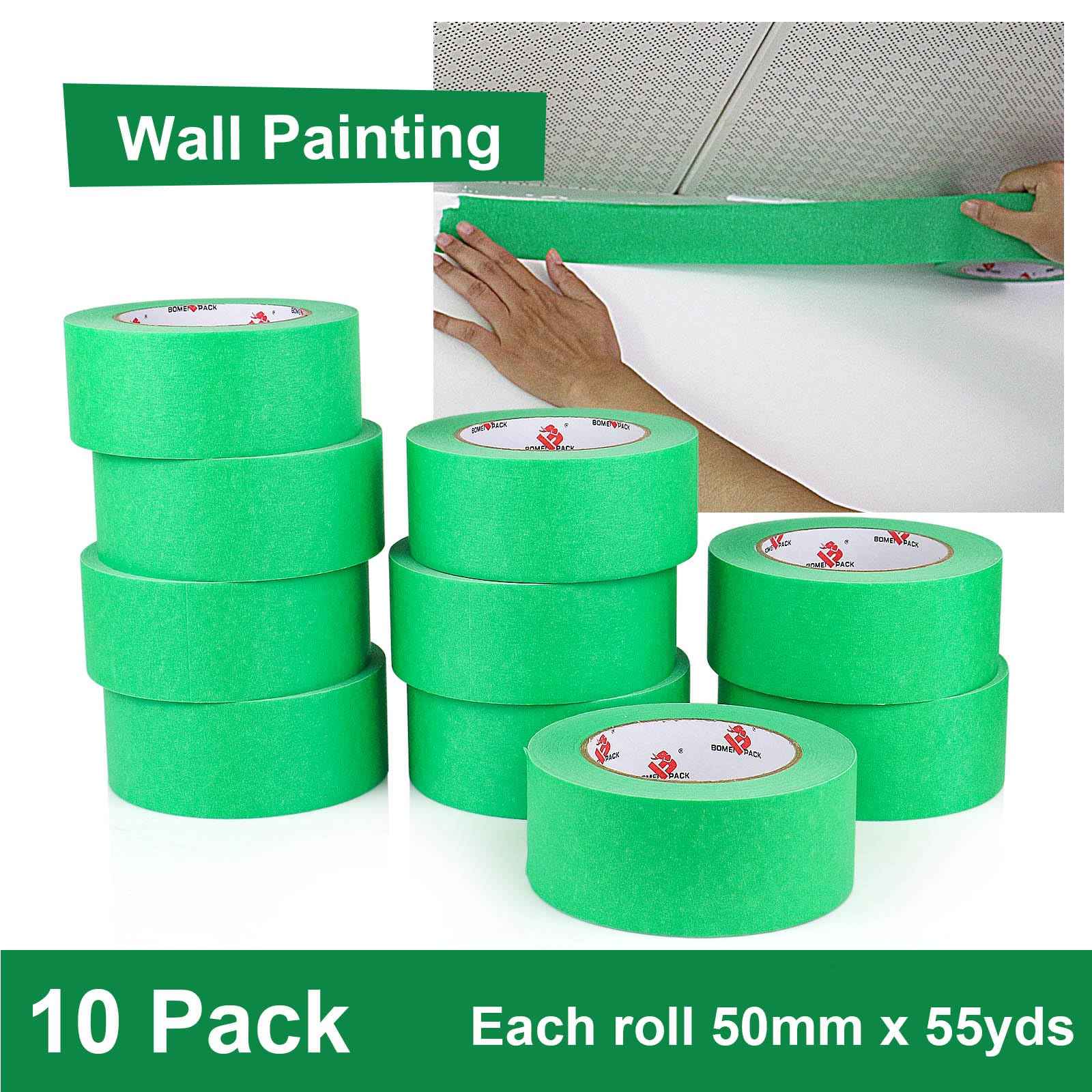 BOMEI PACK 10 Rolls Painters Tape 2 inch Wide, Painter's Tape Green Masking Tape 2 inch x 55 Yards for Walls Painting, Home Improvement and School Projects, Total 550 Yards