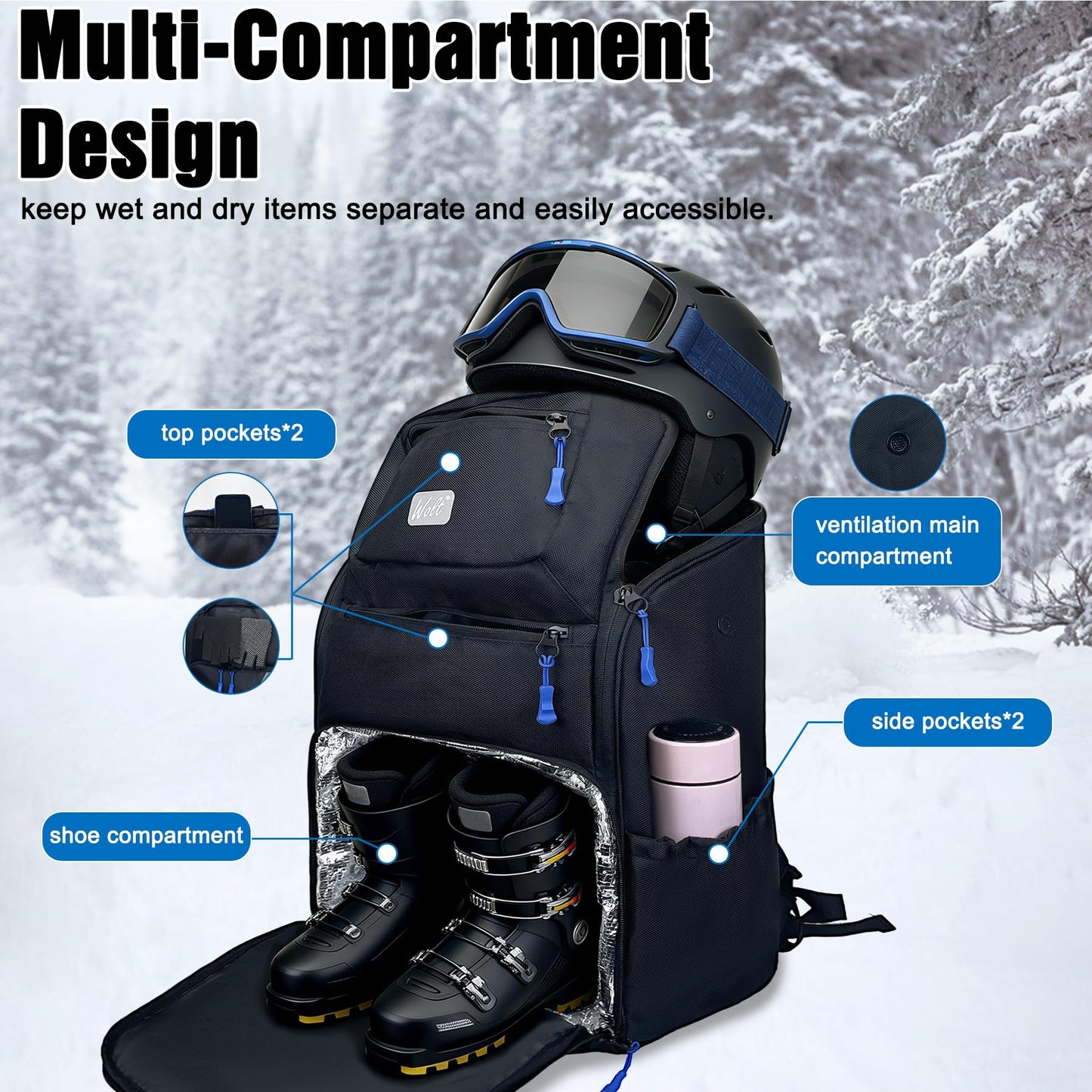 WOLT Ski Boot Bag Backpack,Waterproof Snowboard Gear Backpack,Ski Travel Backpack for Helmet Goggles Gloves&Accessories 50L Black
