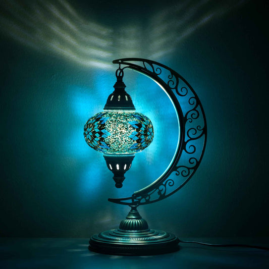 Asylove Turkish Moon Lamp, Mosaic Moroccan Table Lighting, Standing Turkish Lamp, Decor Home Floor Lighting Accessory, Total Dim. 7.5 x 11 x 18 inches (Turquoise)