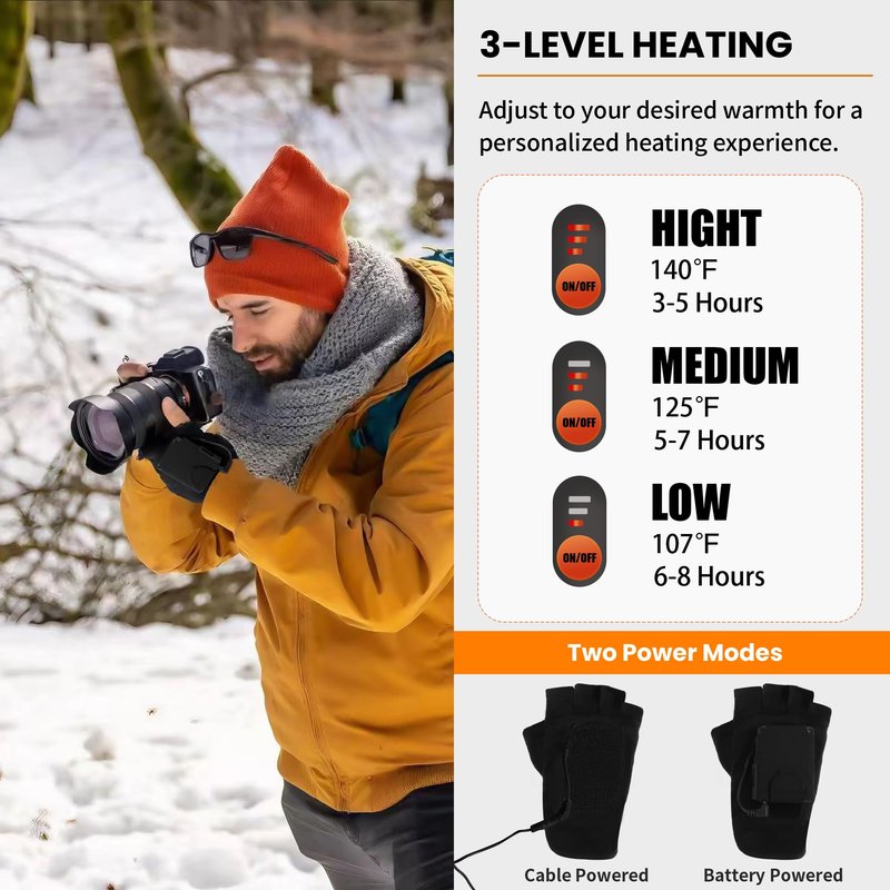 AaoLin Heated Gloves, 10400mAh Battery Fingerless Flexible for Work Outdoor Hunting Skiing Motorcycle Writing for Men and Women – Ideal Match with Electric Hand Warmers for Cold Winter (L)