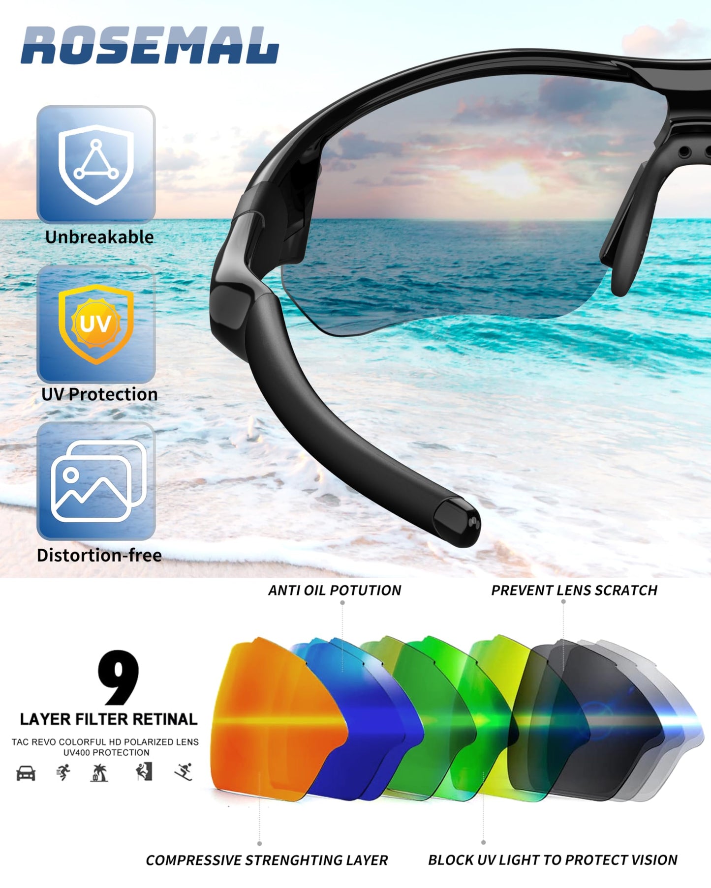 Rosemal Sunglasses Men Polarized Sports UV400 Protection TR90 Frame for Running Cycling Baseball Golf Tennis Hiking Fishing Driving
