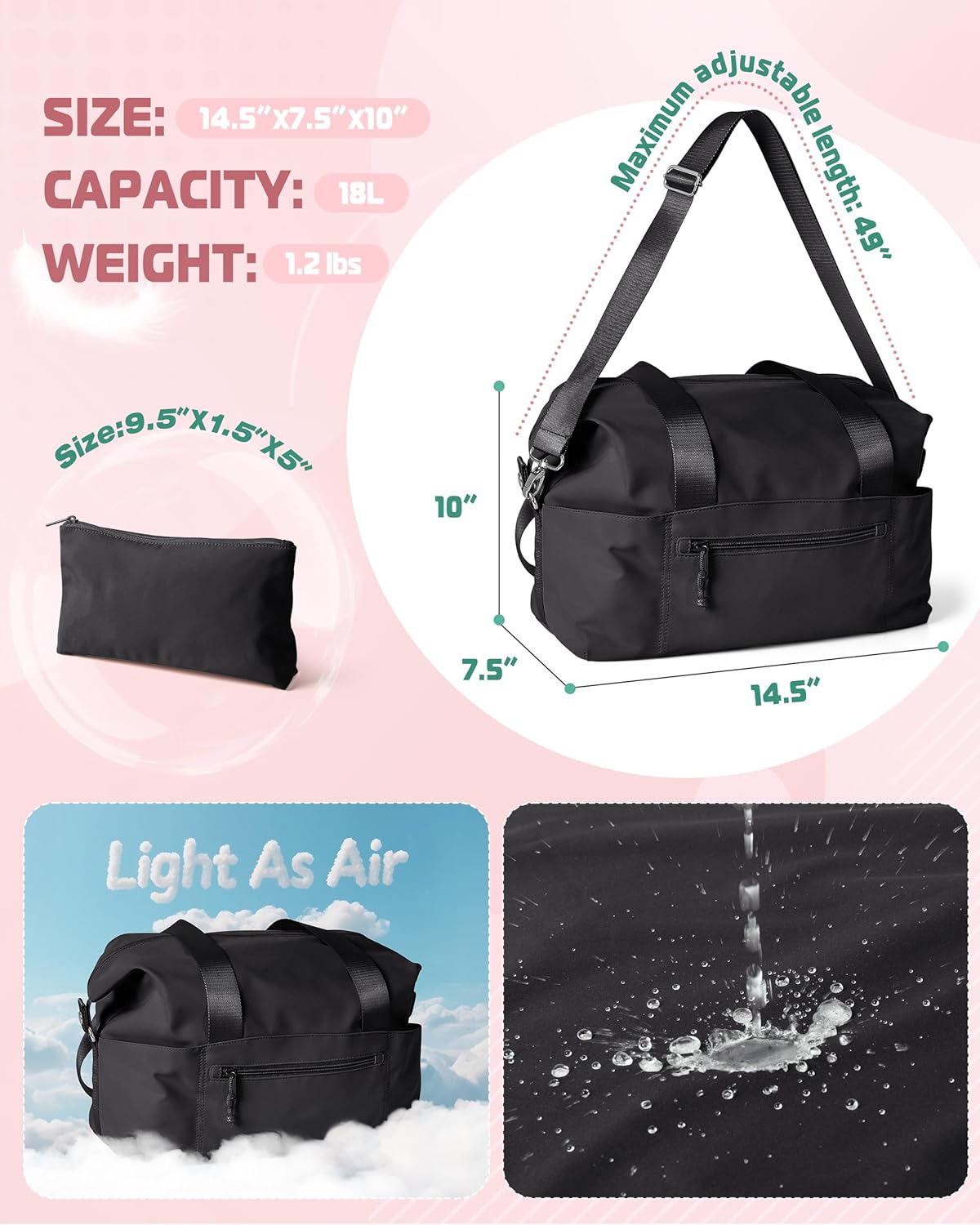 Smasrob Small Gym Bag - Yoga Mat Holder, Wet Pocket & Detachable Crossbody Strap | Black Duffle for Women