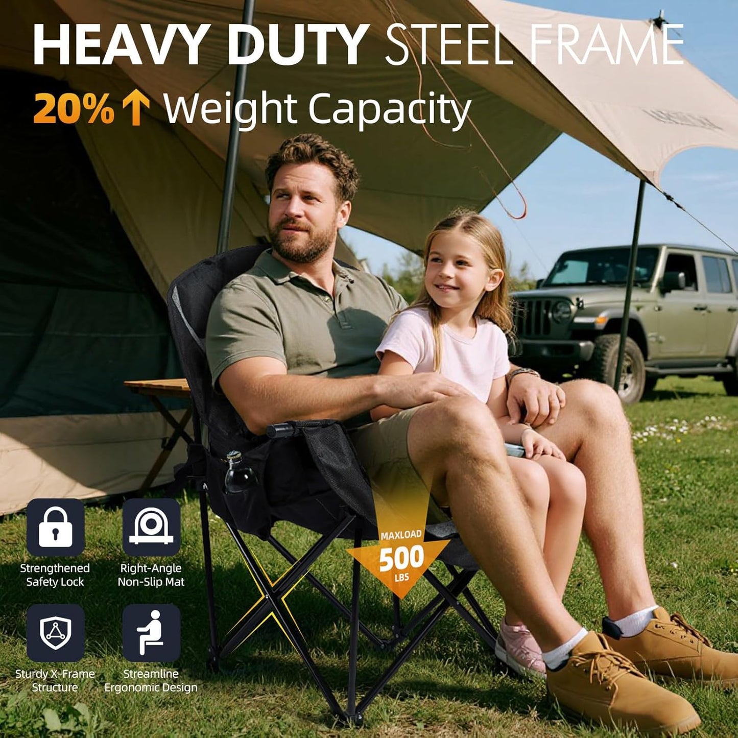 Skiennix Oversized Camping Chair - Heavy Duty Padded Folding Lawn Chair with Cup Holder | Supports 500lbs, Black