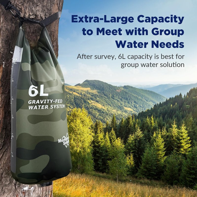 Membrane Solutions Gravity Water Filter Pro 6L, NSF/ANSI 42&372&401 Certified, 0.1 μm Versatile Water Purifier Camping with Adjustable Tree Strap Storage Bag, Survival Gear for Emergency(Camo)