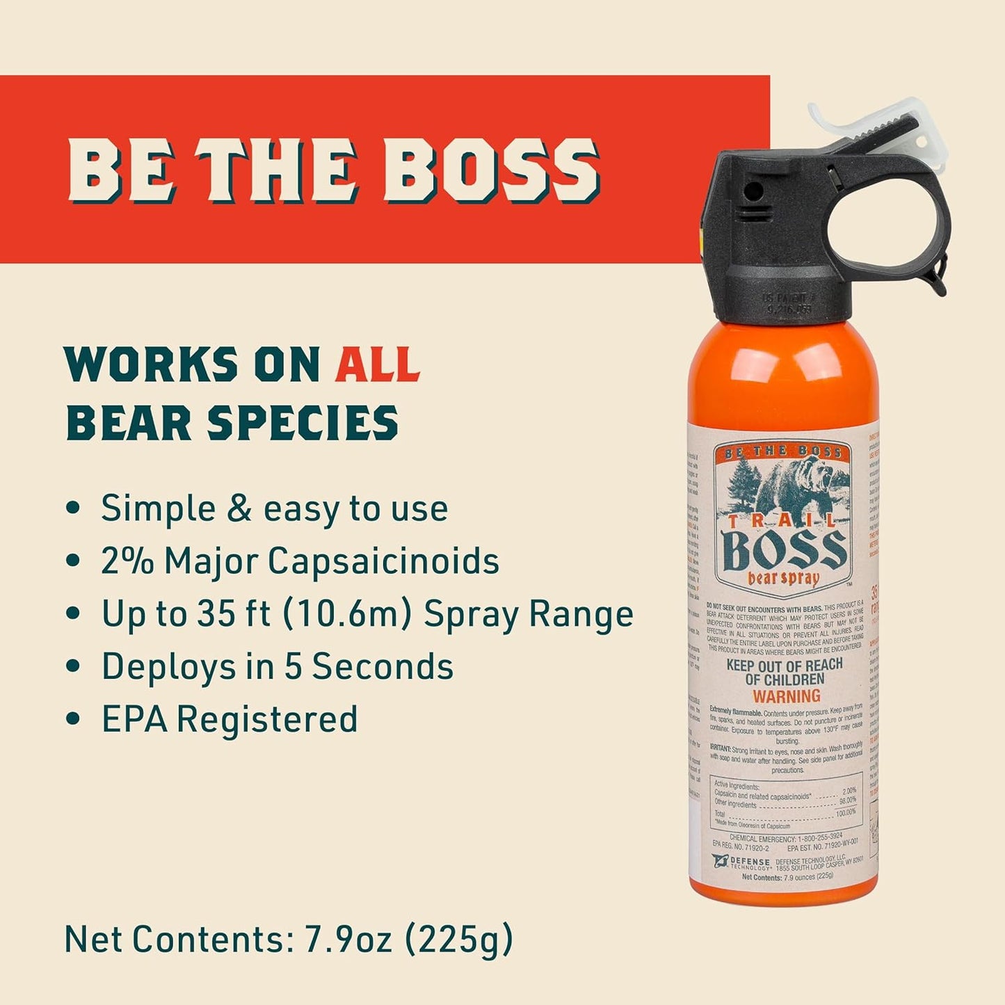 Trail Boss Bear Spray - Maximum Strength 35 ft Range, EPA Registered for Outdoor Safety | 7.9 oz