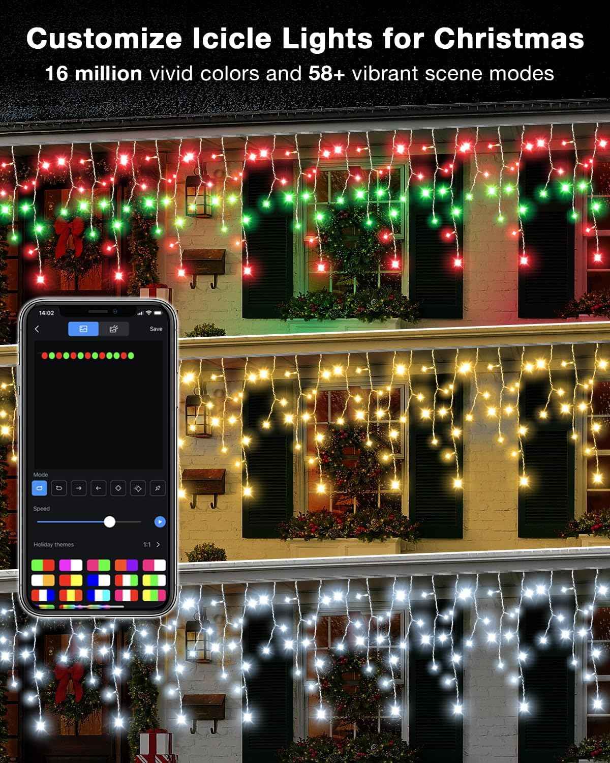 33FT Smart RGB Icicle Lights with 299 LED Drops - App & Remote Control, Music Sync Waterproof Christmas String Lights for Patio & Party Decor