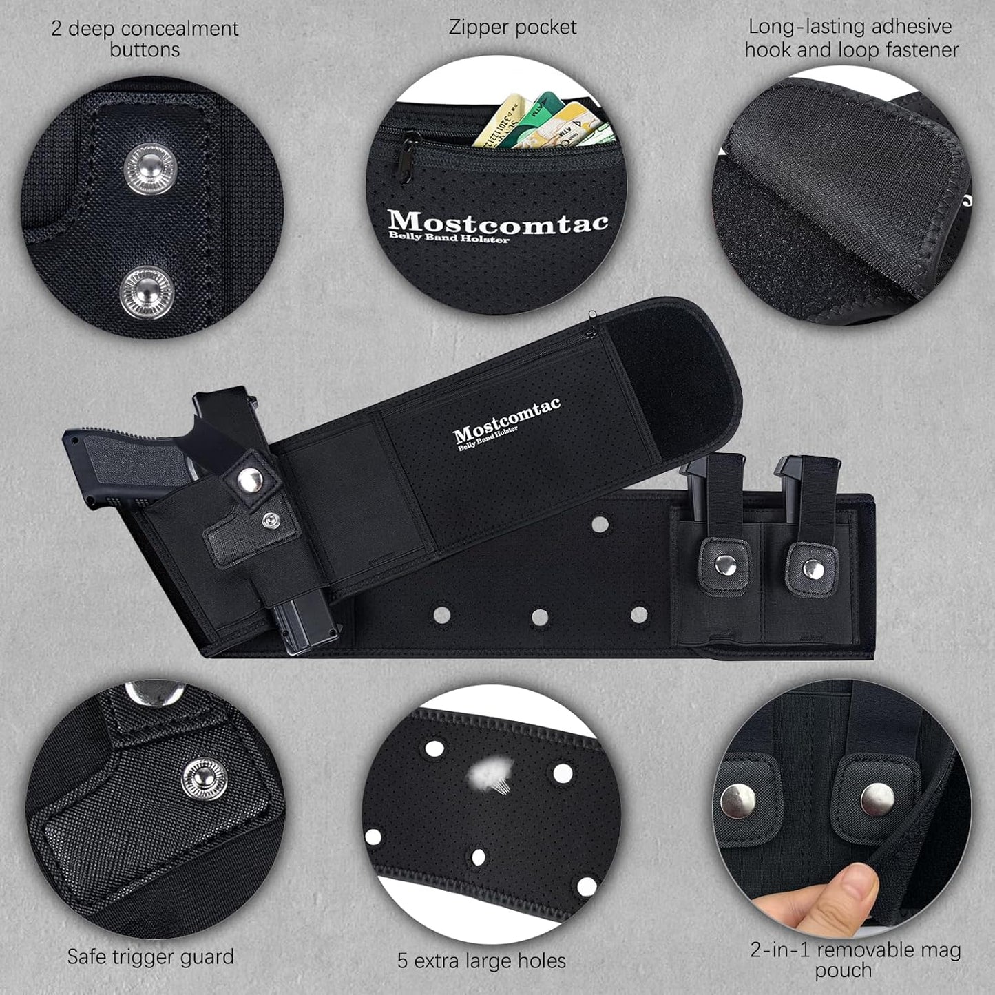 Mostcomtac Belly Band Holster for Men & Women - Breathable Neoprene Gun Holster, Multi - Pocket Tactical Belt for Outdoors, Fits Glock 19, 17, 43, 43x, Taurus G3C, G2C and Most 9mm and 380 Handguns