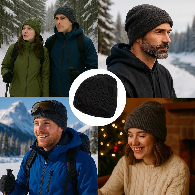 M/L/XL/XXL Merino Wool Beanie for Men, Plus Size Warm Knit Hat with Fold-Up Cuff, Soft Ski Skull Cap for Big Heads Black