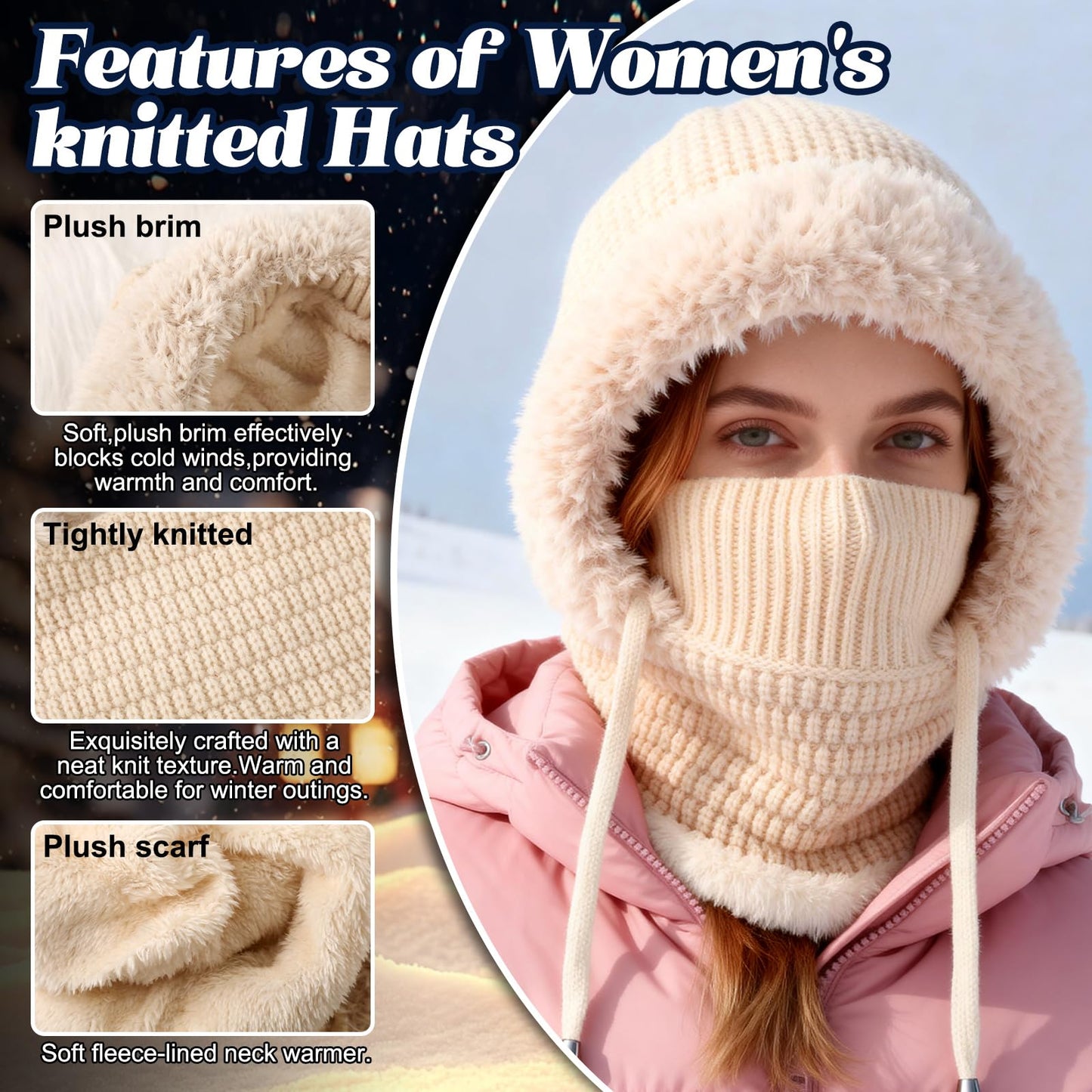 3 in 1 Beanie Hat for Women, 3 in 1 Beanie Hat with Scarf and Mask, Women's Outdoors Windproof Scarf Hat (Black)