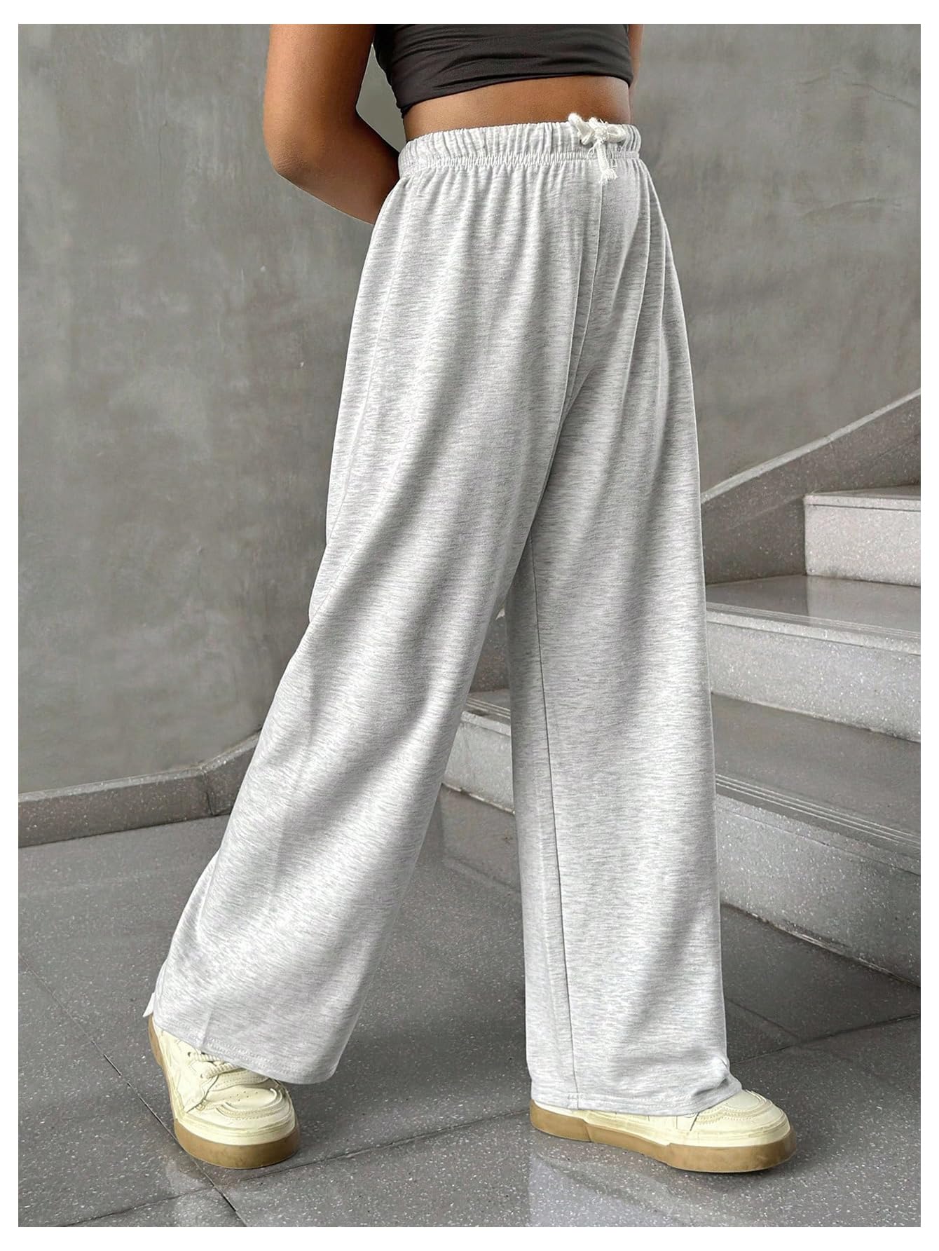 RoseSeek Girl's Sweatpants Drawstring Waist Wide Leg Pants Casual Athletic Trousers Baggy Workout Summer Pants Grey 12 Years