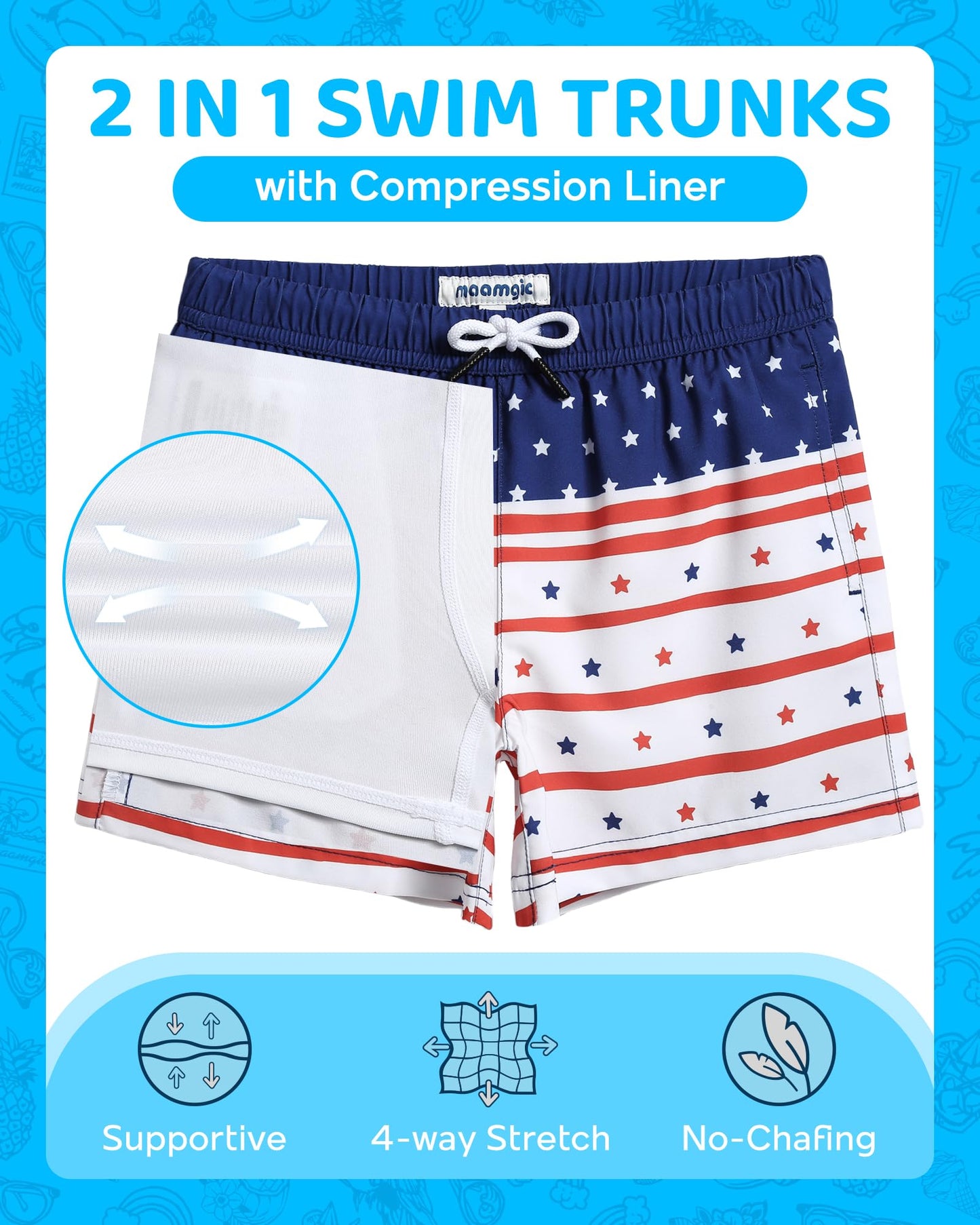 maamgic Boys Swim Trunks with Compression Liner Toddler Boy Swimsuit Quick Dry 4-Way Stretch Swimming Trunks American Flag 7 Years