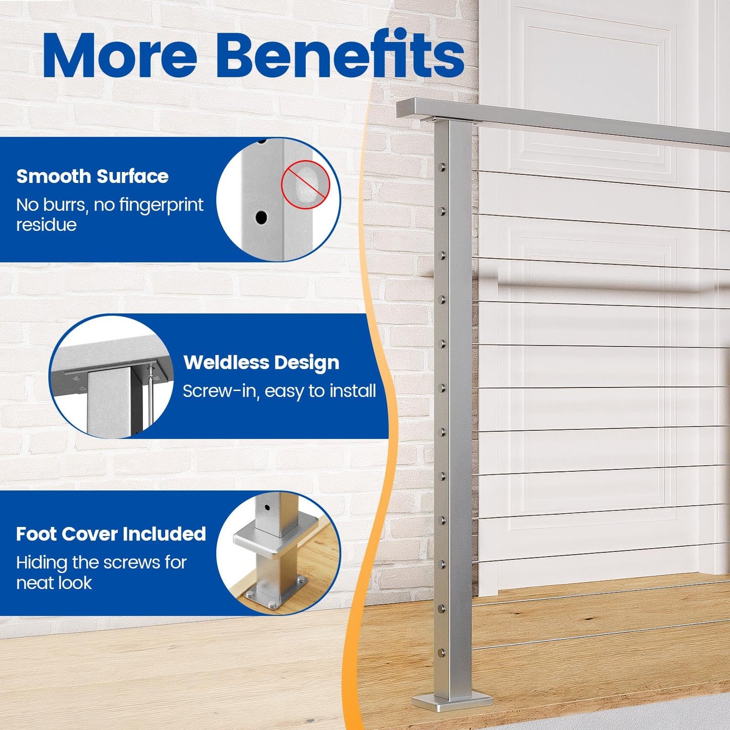 Muzata Cable Railing Post 42 Inch 42"x2"x2" Level Drilled Surface Mount Brushed T304 Stainless Steel Cable Railing System Kit Indoor Outdoor with Paper User Guide PS02 LH4L