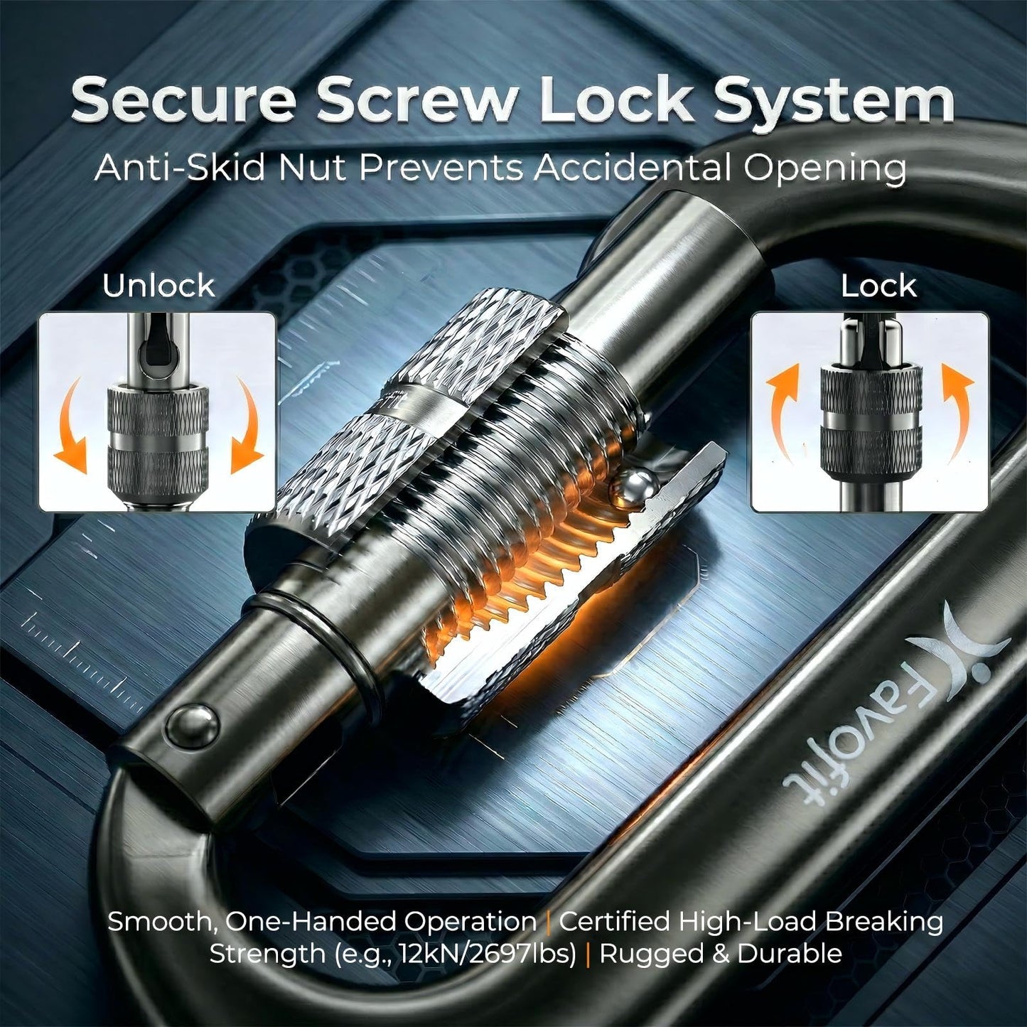12kN Heavy Duty Carabiner Clips - Favofit Ultralight Screw-Lock Locking Carabiner for Keychain Clip Key Ring Hammock & Dog Leash - Snag-Free D Ring Carabiners for Camping & Gym